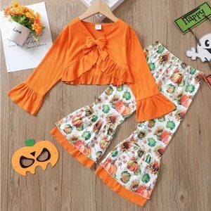 Girls Halloween Bow Bell Sleeve Top Pumpkin Print Casual Suit